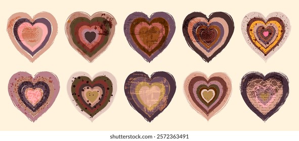 Vector set with hand drawn brush hearts in brown and beige neutral colors with rough irregular edges and grunge textures for wedding and Valentine's day greeting cards