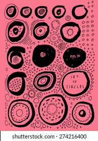Vector set of hand drawn brush and pen grungy circles. Design elements collection