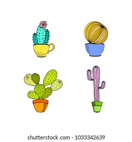 Vector set of hand drawn cactus in pot. Cartoon cactus.