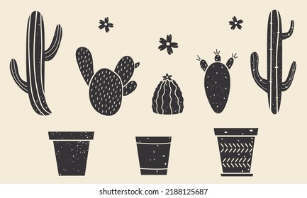Vector set of hand drawn cactus. Doodle illustration. Different vintage simple cactuses.