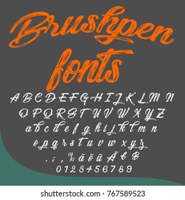 Vector set of hand drawn calligraphic ABC fonts typeface letters and numbers named Brushpen Fonts