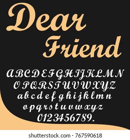 Vector set of hand drawn calligraphic ABC fonts typeface letters and numbers named Dear Friend