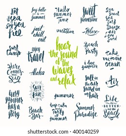 Vector set of Hand drawn calligraphy. Summer holidays and vacation quotes, phrases and words.