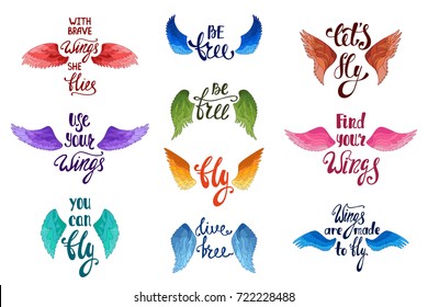 Vector set of hand drawn calligraphy phrases with angel wings. Romantic typography design. Motivation and inspiration quotes about freedom for t-shirt, greeting cards, prints, posters