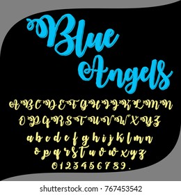 Vector set of hand drawn calligraphy fonts ABC letters and numbers named Blue Angels