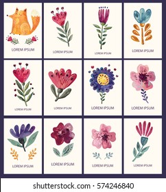 Vector set of hand drawn cards with fox, flowers and leaves. Hand drawn vector illustrations hand painted