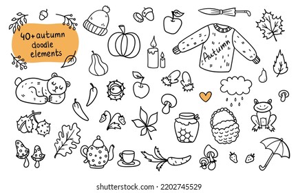 Vector Set of Hand Drawn Cartoon Doodle Autumn Elements Isolated on a White Background. Vegetables, Clothing, Animals, Sweater, Pumpkin, Hat, Mushrooms, Teapot, Honey, Apples, Bear, Carrot, Chestnuts.