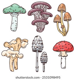 Vektorgrafik-Set mit handgezeichneten Zeichentrickpilzen auf weißem Hintergrund. 