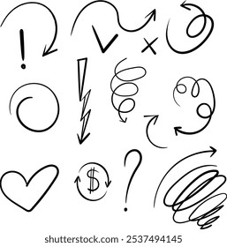 Vector set of hand drawn cartoon curved arrows, design elements, cute decorative brush stroke lines