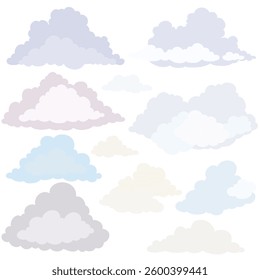 Vector set of hand drawn cartoon clouds on blue background. Cumulus clouds collection. Weather air symbols. Fluffy clouds for games and banners