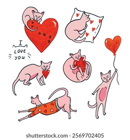 Vector set of hand drawn cats and hearts. Valentines day illustration.