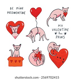 Vector set of hand drawn cats and hearts. Valentines day illustration.