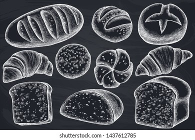Vector set of hand drawn chalk buns and bread, croissants and bread