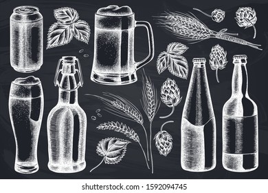 Vector set of hand drawn chalk rye, hop, mug of beer, bottles of beer, aluminum can