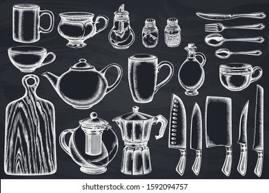 Vector set of hand drawn chalk Chef's knifes, teaspoon, spoon, fork, knife, cutting board, bottle of oil, teapots, coffee pot, cups, sugar bowl, pepper shaker, salt shaker