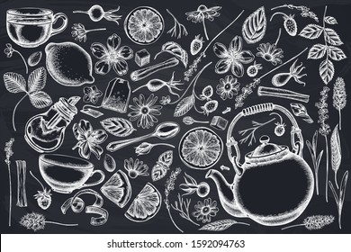 Vector set of hand drawn chalk cinnamon, lemons, oranges, tea bag, sugar cubes, heather, chamomile, dog rose, peppermint, almond, strawberry, teaspoon, teapots, cups, sugar bowl