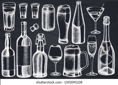 Vector set of hand drawn chalk glass, champagne, mug of beer, alcohol shot, bottles of beer, bottle of wine, glass of champagne, glass of wine, glass of martini, aluminum can