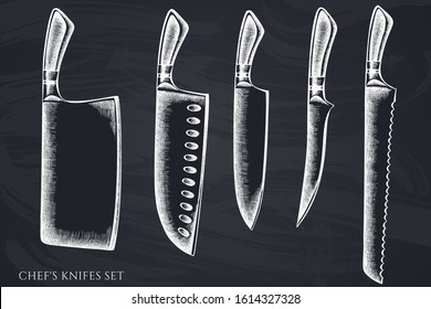 Vector set of hand drawn chalk Chef's knifes