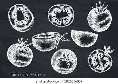 Vector conjunto de tomate a la parrilla con tiza dibujado a mano