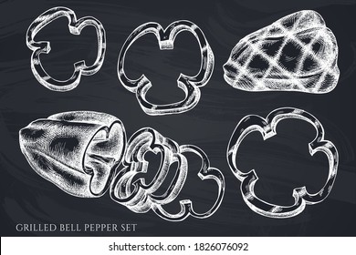 Vector set of hand drawn chalk grilled bell pepper