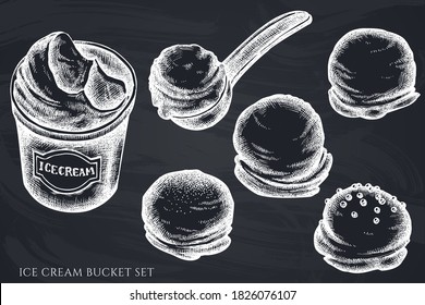Vector set of hand drawn chalk ice cream bucket, ice cream scoop, ice cream balls