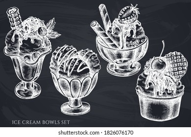Vector set of hand drawn chalk ice cream bowls