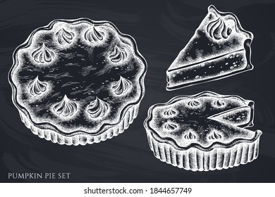 Vector set of hand drawn chalk pumpkin pie