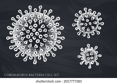 Vector set of hand drawn chalk coronavirus bacteria cell