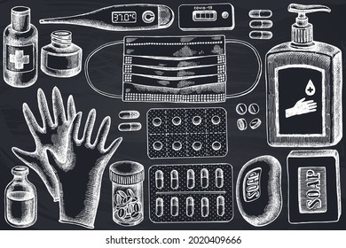 Conjunto vectorial de píldoras de tiza y medicinas extraídas a mano, mascarilla médica, botellas de sanitizer, termómetro médico, prueba rápida de coronavirus, jabón, guantes médicos