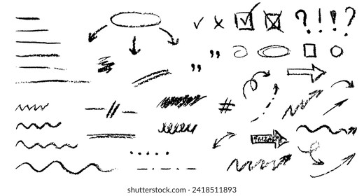 Vector Set of Hand drawn Charcoal elements for notes on white background. Doodle curved lines, underline, smears, pointers and arrows. Pencil line, crayon stroke, mark sketch, chalk doodle