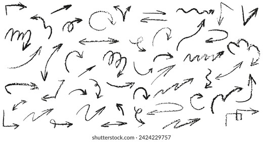 Vector Set of Hand drawn Charcoal arrows icons. Isolated chalk crayon Scribbles and scrawls on a white background