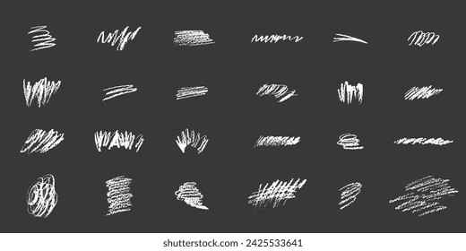 Vector Set of Hand drawn Charcoal scribbles and scrawls. Grunge pen crayon pencil collection. Isolated Hand drawn white elements on a black background