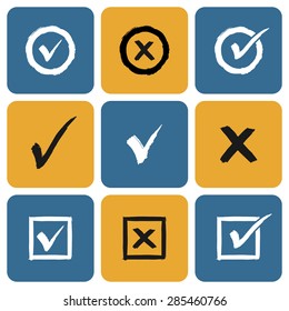 Vector Set of hand drawn Check Marks Icons. Ticks and Crosses Represents Confirmation, Right and Wrong Choices