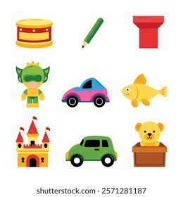 Vector Set of Hand Drawn Children's Toys Illustration. Whimsical Designs for Playful Spaces.