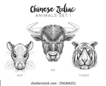 Vector set of hand drawn chinese zodiac animal. Vintage illustration with zebra. ox, rat and tiger.