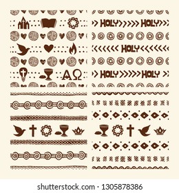 Vector set of hand drawn christian seamless pattern made with ink. Freehand textures for fabric, polygraphy, web design.