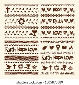 Vector set of hand drawn christian seamless pattern made with ink. Freehand textures for fabric, polygraphy, web design.