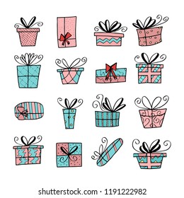 Vector set of Hand drawn Christmas presents fun doodles. Can be used for wrapping, coloring book pages,texture.