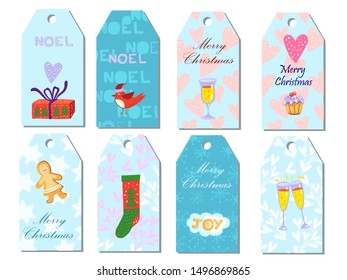 Vector set of hand drawn Christmas and New Year greeting cards and tags with holiday elements: cake, gifts, stockings, champaign, gingerbread man, bullfinch. 