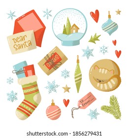 Vector set of hand drawn christmas illustrations. Сozy graphic elements for invitation and greeting cards, prints, banners or tags. Hug winter and happy holidays collection