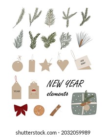 Vector set of hand drawn Christmas elements. Christmas tree branches, bow, balls, hearts. Great print for invitations, posters, labels, cards in flat style.