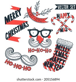 vector set of hand drawn Christmas and New Year vintage elements and illustrations