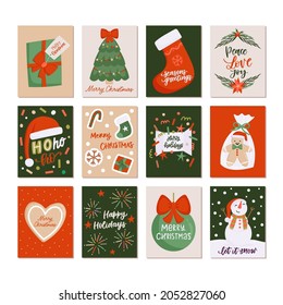 Vector set of hand drawn Christmas greeting cards. Great print for invitations, posters, tags. Merry Christmas. Hohoho. Happy holidays. Festive banners in flat cartoon style