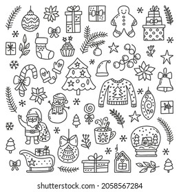 Vector set of  hand drawn Christmas elements. Holiday clipart in doodle style, isolated on white background