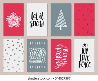 Vector set of hand drawn Christmas and New Year cards, banners, posters. Winter quotes, christmas tree, snowflake illustrations