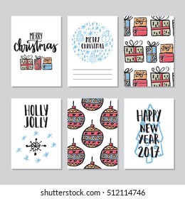 Vector set of hand drawn of Christmas greeting cards. Great print for invitation, poster, apparel design. Merry christmas. Happy new year. Holly jolly. Holiday banners in cartoon style