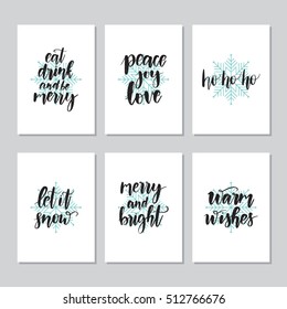 Vector set of hand drawn of Christmas greeting cards. Great print for invitation, poster, apparel design. Holiday calligraphy banners with blue snowflakes
