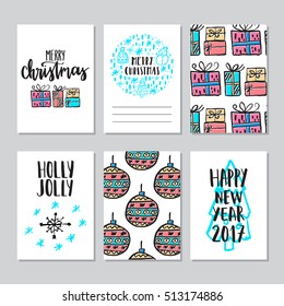 Vector set of hand drawn of Christmas greeting cards. Great print for invitation, poster, apparel design. Merry christmas. Happy new year. Holly jolly. Holiday banners in cartoon style. 