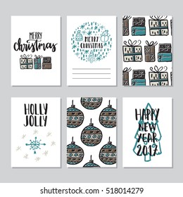 Vector set of hand drawn of Christmas greeting cards. Great print for invitation, poster, apparel design. Merry christmas. Happy new year. Holly jolly. Holiday banners in cartoon style.
