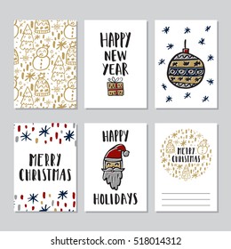 Vector set of hand drawn of Christmas greeting cards. Great print for invitation, poster, apparel design. Merry christmas. Happy new year. Happy holidays. Holiday banners in cartoon style.